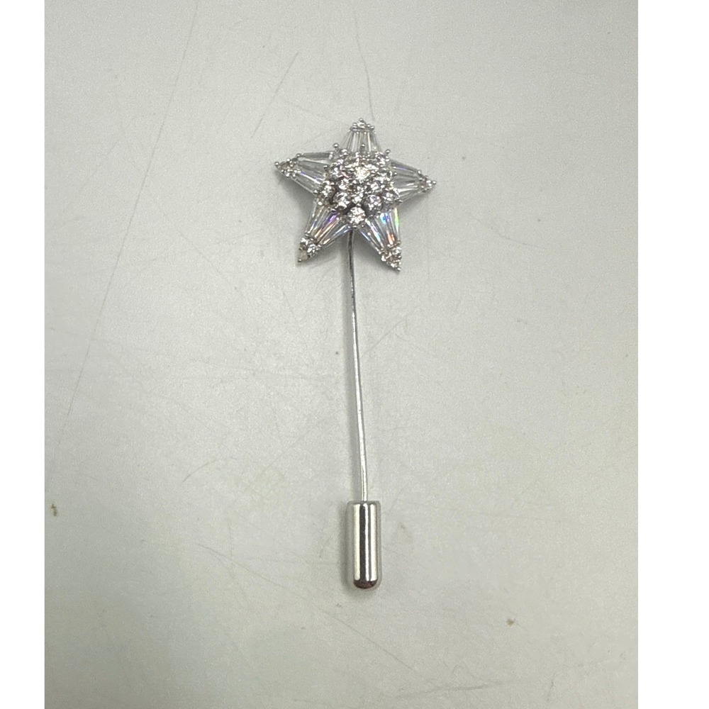 Silver‎ Tone Star Rhinestone Stick Pin Clear Baguette Celestial Lapel Hat Pin